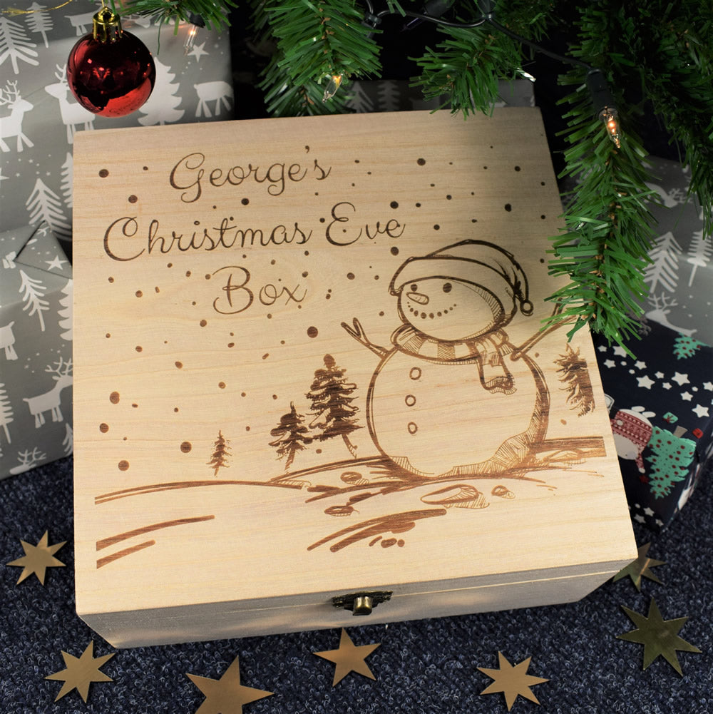 Personalised Wooden Christmas Eve Box - Snowman Scene