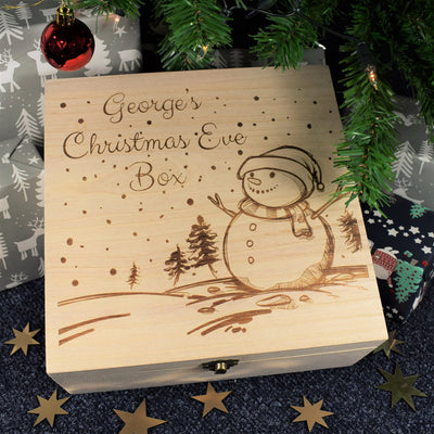 Personalised Wooden Christmas Eve Box - Snowman Scene