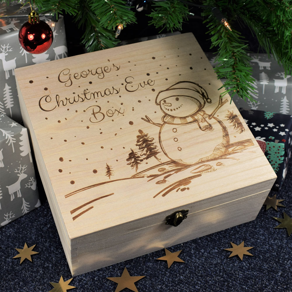 Personalised Wooden Christmas Eve Box - Snowman Scene